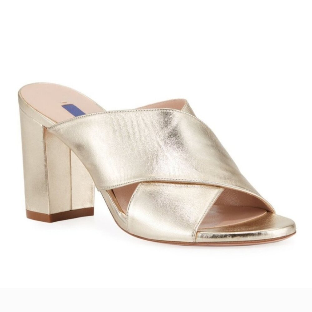 Stuart Weitzman women's 'Galene' gold metallic leather open toe heel sandals 7.5